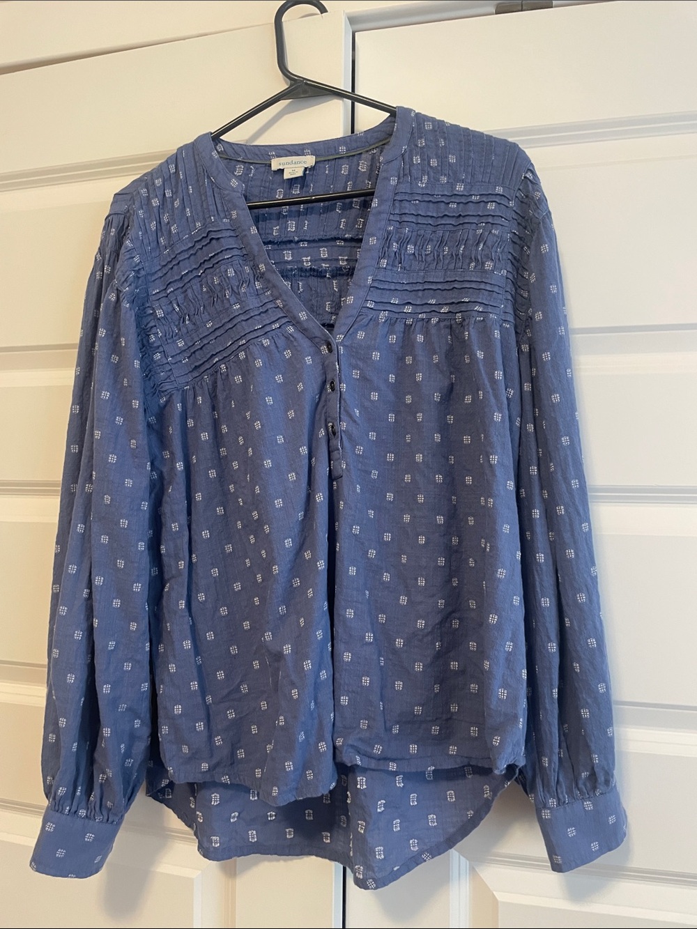 Blue Cotton Pintuck Button-Front Women's Top